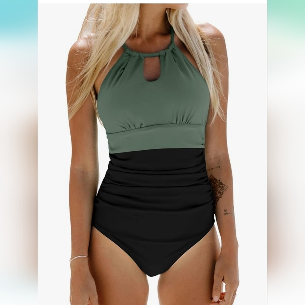 One Piece Swimsuit High Neck Tummy Control Swimwear Sz L & S green & black‎